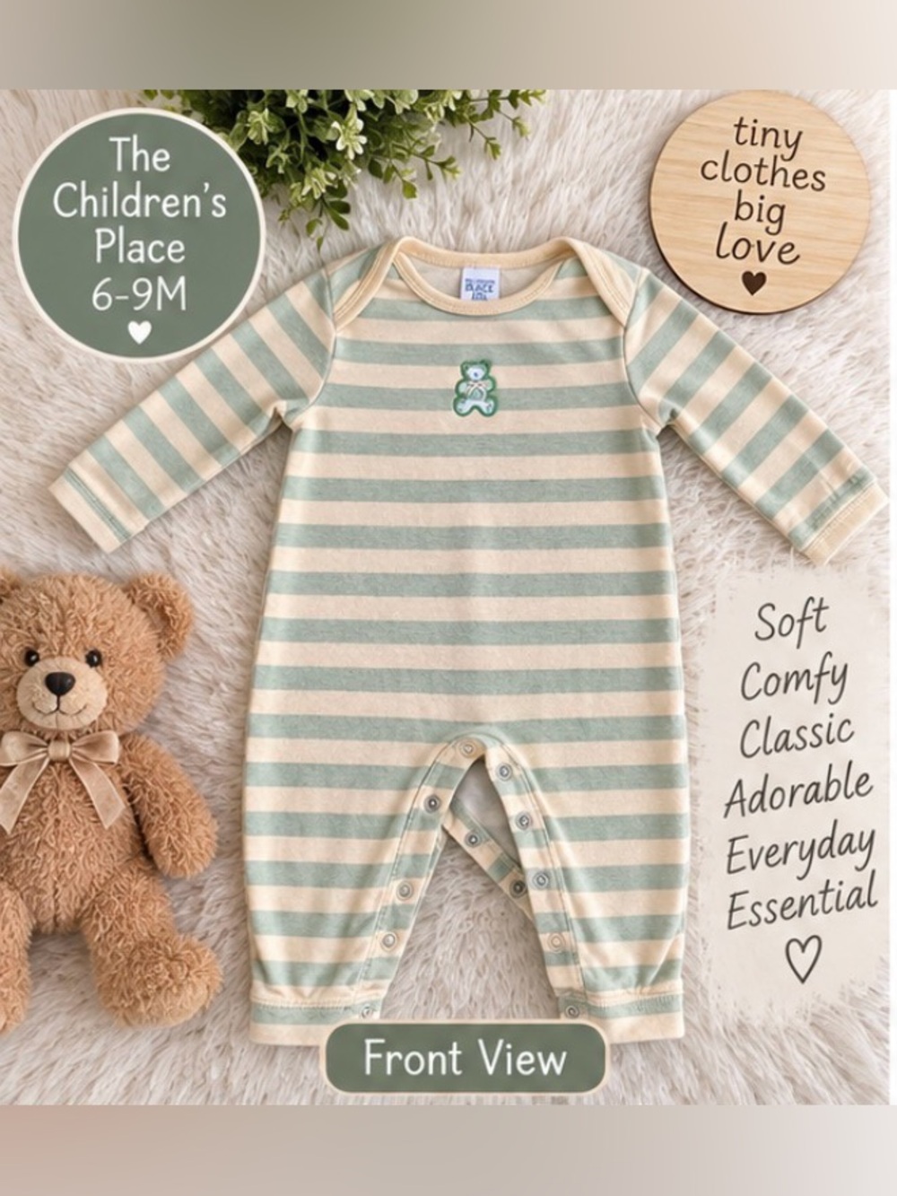 The Children’s Place Baby Romper 6-9 Months Sage Green & Cream Striped Bear 🧸